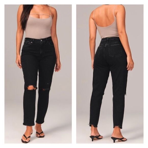 Abercrombie High Rise Mom Jean Distressed Raw Hem Jeans sz 26/2 SHORT - Picture 4 of 11